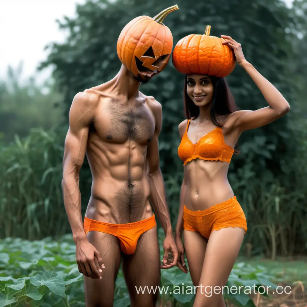 An Indian male and Indian female
Male: A skinny lean guy with a hairy body with a pumpkin underwear and a pumpkin covering his head
Female:  A skinny lady with just an underwear 