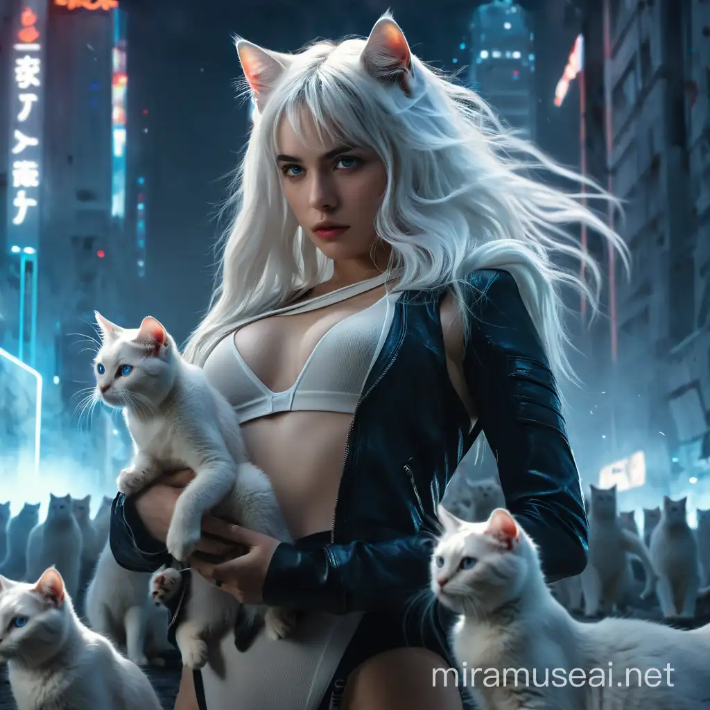 The cat girl was captured by photographer Wlop. A girl, 18 years old, surrounded by white cats. Dressed in white, tight clothes. White hair, blue eyes. A well-composed image contains great cinematic elements that convey a sense of realism and live action. The ultra-realistic and highly detailed photography puts a strong emphasis on the intense expression of the cat girl, reminiscent of a scene from a dystopian movie., painting, cinematic, photo