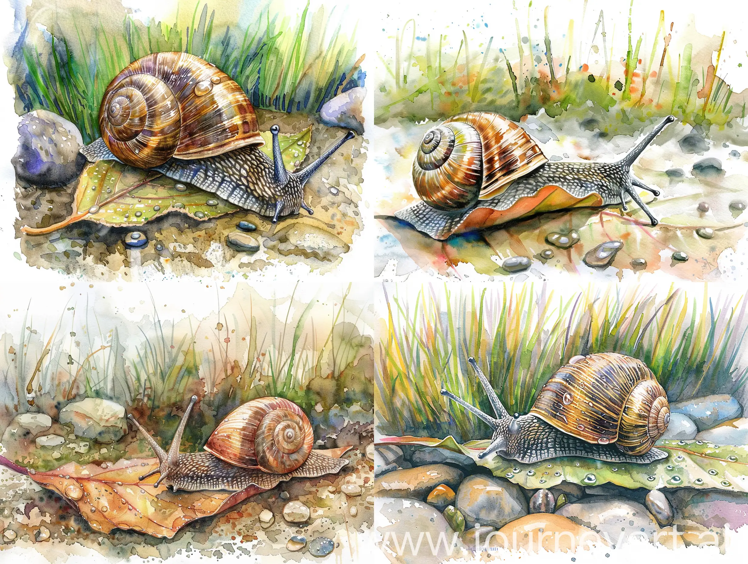 Elegant-Snail-Crawling-on-Dewy-Leaf-Watercolor-Painting