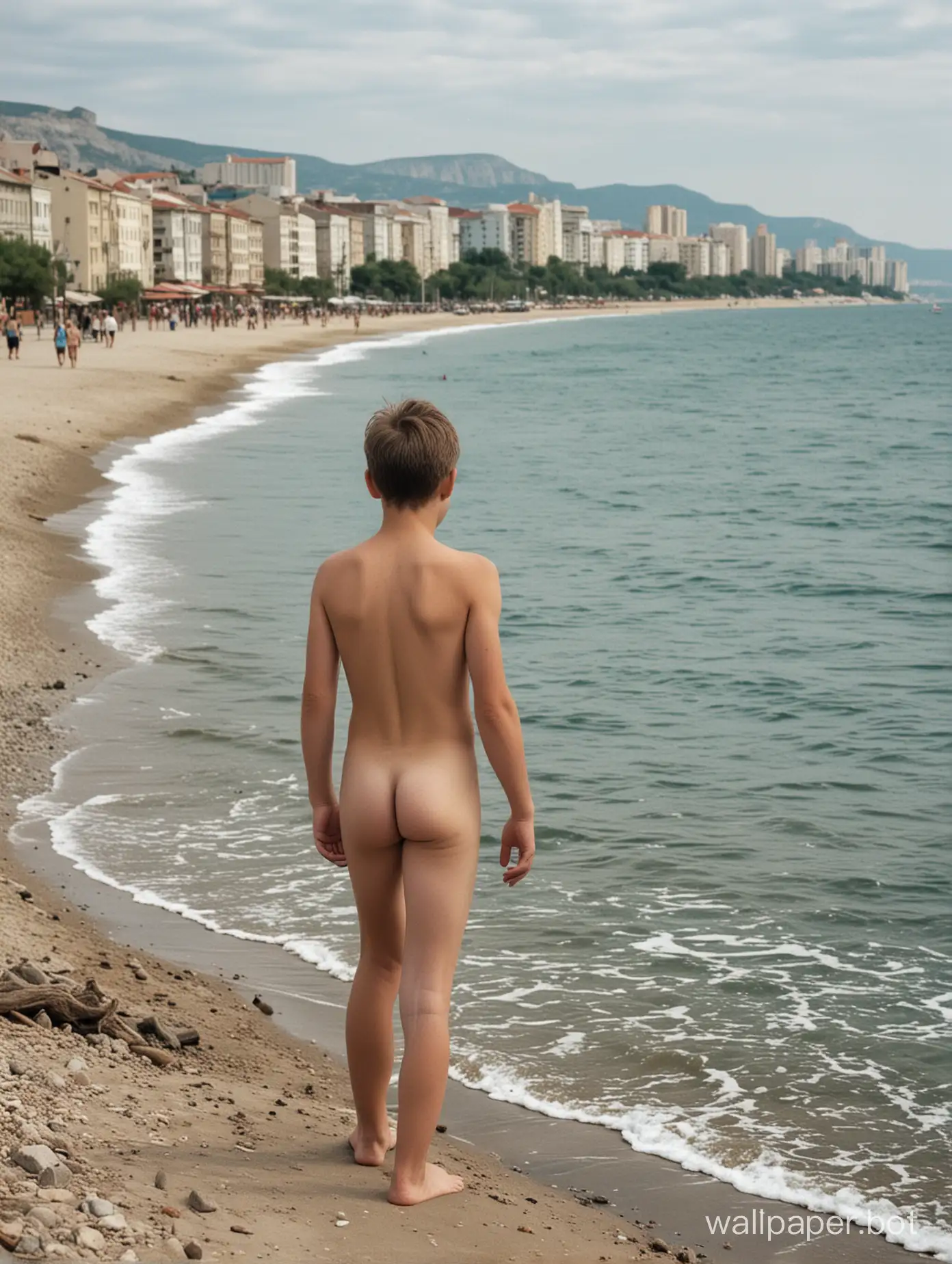 naked Soviet boy 13 years old by the sea, seen from behind, full-length, Crimea, people nearby, buildings in the background, walking along the shore