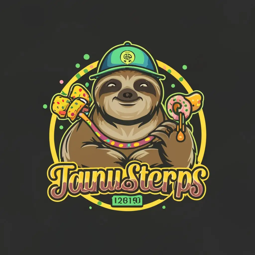 a logo design, with the text 'TaunusTerps®', main symbol: a fat sloth wearing a gold chainholding a sprinkled donut and adding some cannabis, complex, clear background