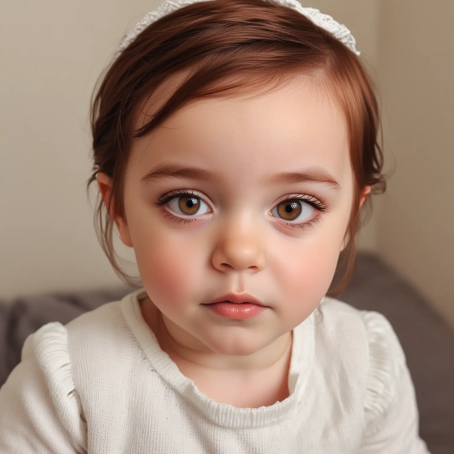 Baby girl, pale grey skin, pointy ears, dark auburn hair rust colored eyes