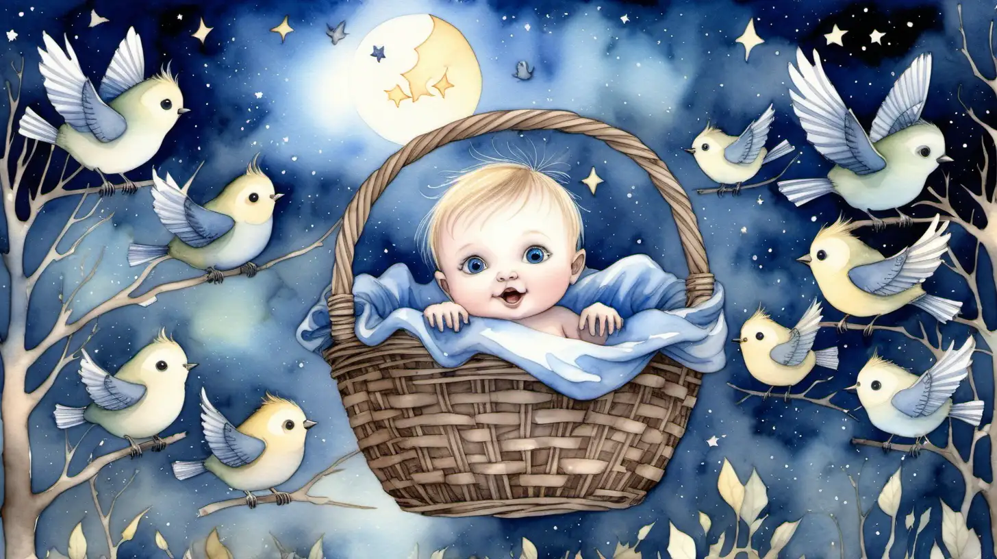 A watercolour fairytale picture. A darkblond blue eyed baby in a basket. a flock of blue tits flying in the night sky carrying empty baskets





