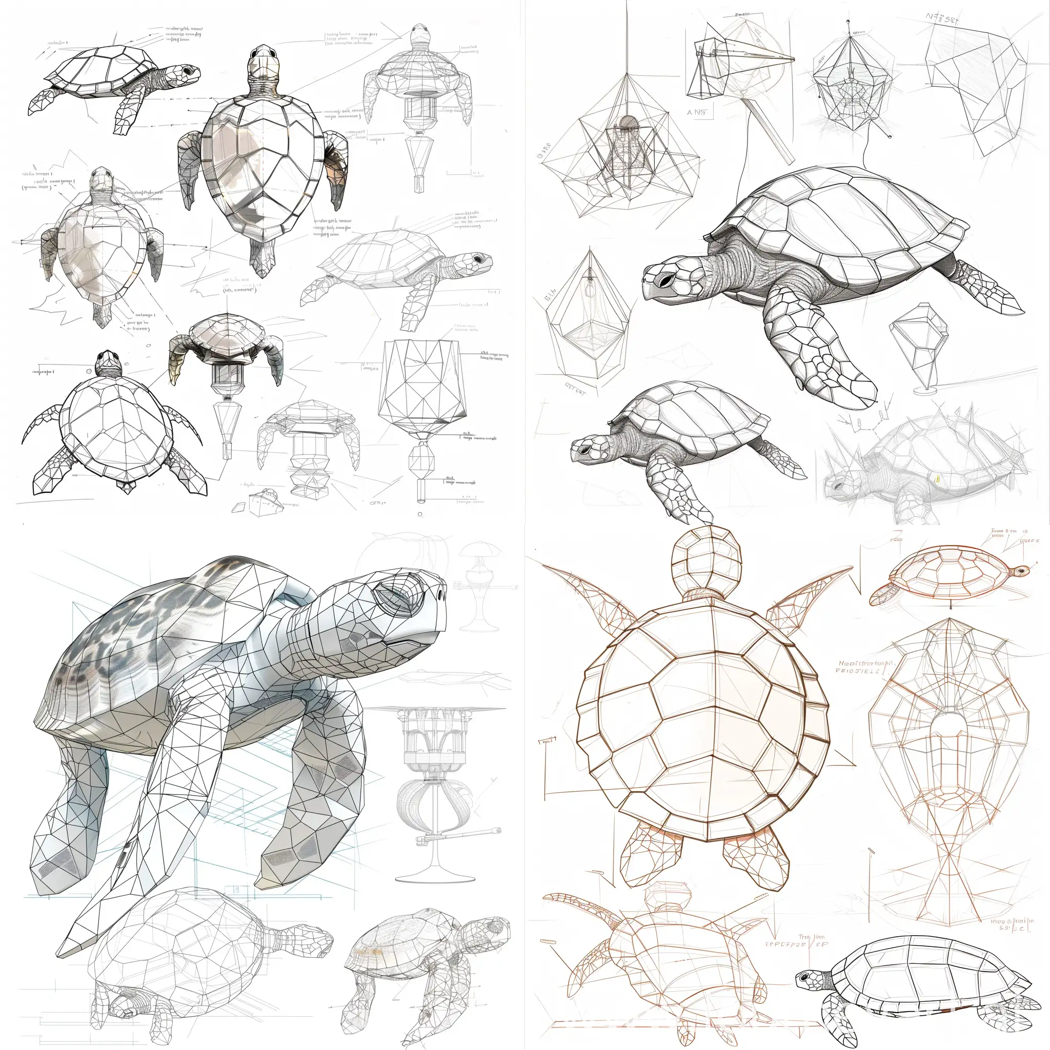 Hand-drawn product design, lamp design, extraction of turtle shape, extraction of geometric elements, bionic its texture bionic shape deduction change process, form source, shape change, elaboration, summary process, how to draw lamps (table lamps, chandeliers), drawing reference, product design sketch, white background, front view, side view, back view, wire frame, no text required, Sketch from different angles, without using any color, pencil line manuscript, each scheme should present the form source and intention, and the form change deliberation process; And the means to reconstruct and evolve the initial body form. The content includes the source of form, the change of form, the elaboration and the generalization process