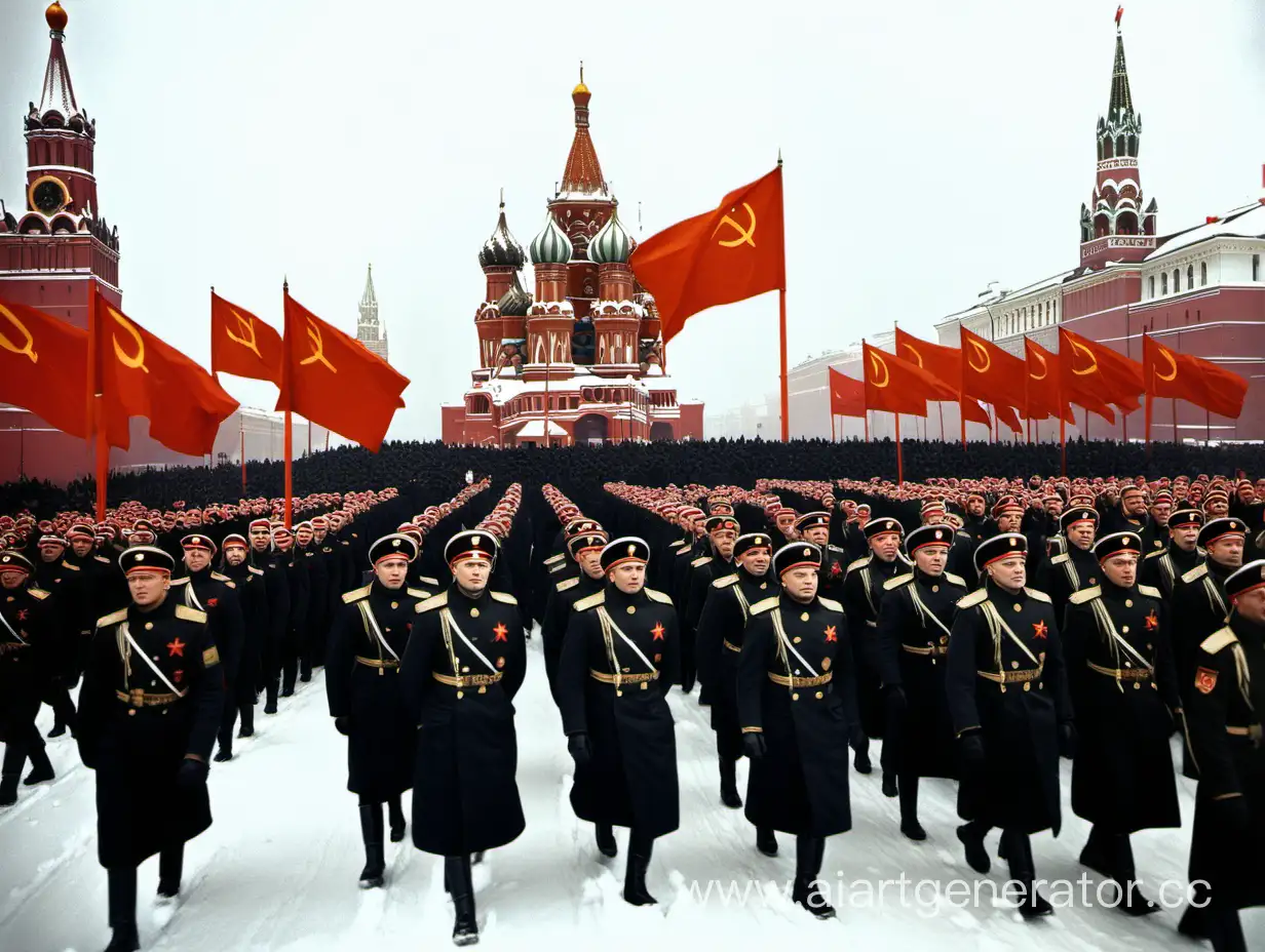 Красная площадь, зима, черные танки, солдаты в чëрной униформе, черные флаги, флаги СССР, флаги Российской Империи, толпа