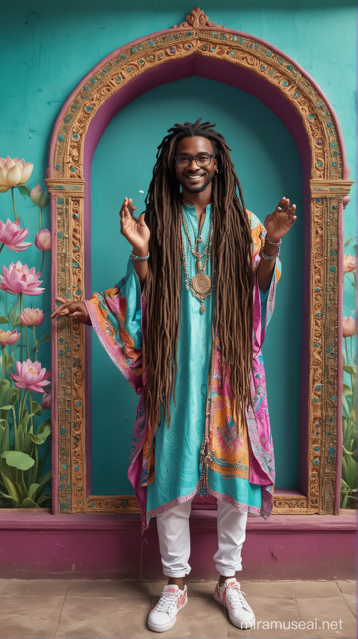 male musician from cameroon playing in
a musical instrumen, showing off in bent dynamic position, slim and extra tall, long dreadlocks, realistic, smiling inside, open hair style, modern large and thick design turquoise and magenta frame glasses, fingers are in realistic position, position of the hands are hyperrealistic, standing leaning on the wall, necklace and wristbands beads, colorfully abundant, western designer dresses with lotus and african pattern, several layers, all colours, turquoise, purple, green, white, yellow, hip hop style, benares court and river ghats, mughal scenario and arches, water lilies, colorful, psychedelic, all hyperrealistic, pastel colors on walls wearing off, background blurred
