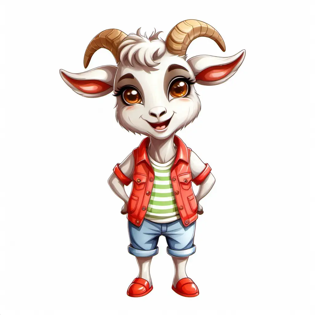 a cute goat in cartoon style with summer clothes full body clipart with white background