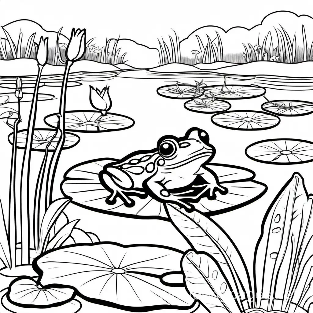 a frog sitting on a Lilypad across a lake, Coloring Page, black and white, line art, white background, Simplicity, Ample White Space. The background of the coloring page is plain white to make it easy for young children to color within the lines. The outlines of all the subjects are easy to distinguish, making it simple for kids to color without too much difficulty