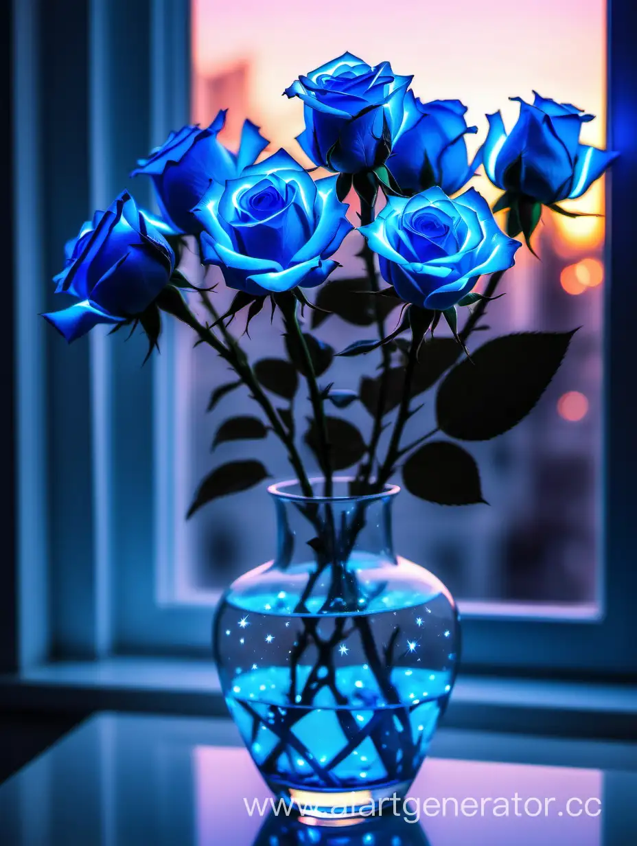 Luminescent-Blue-Roses-in-a-Sparkling-Vase-Nighttime-Floral-Elegance