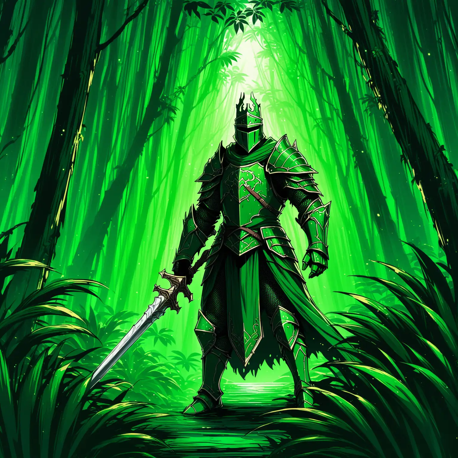 Green Knight Adventuring Through Mysterious Dark Jungle