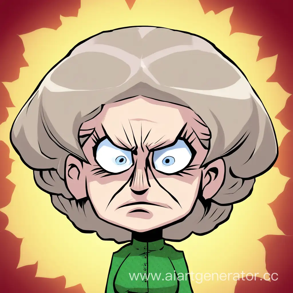 A cartoon image of a stereotypical strict aunt with an exaggerated glare, looking at someone with mischief