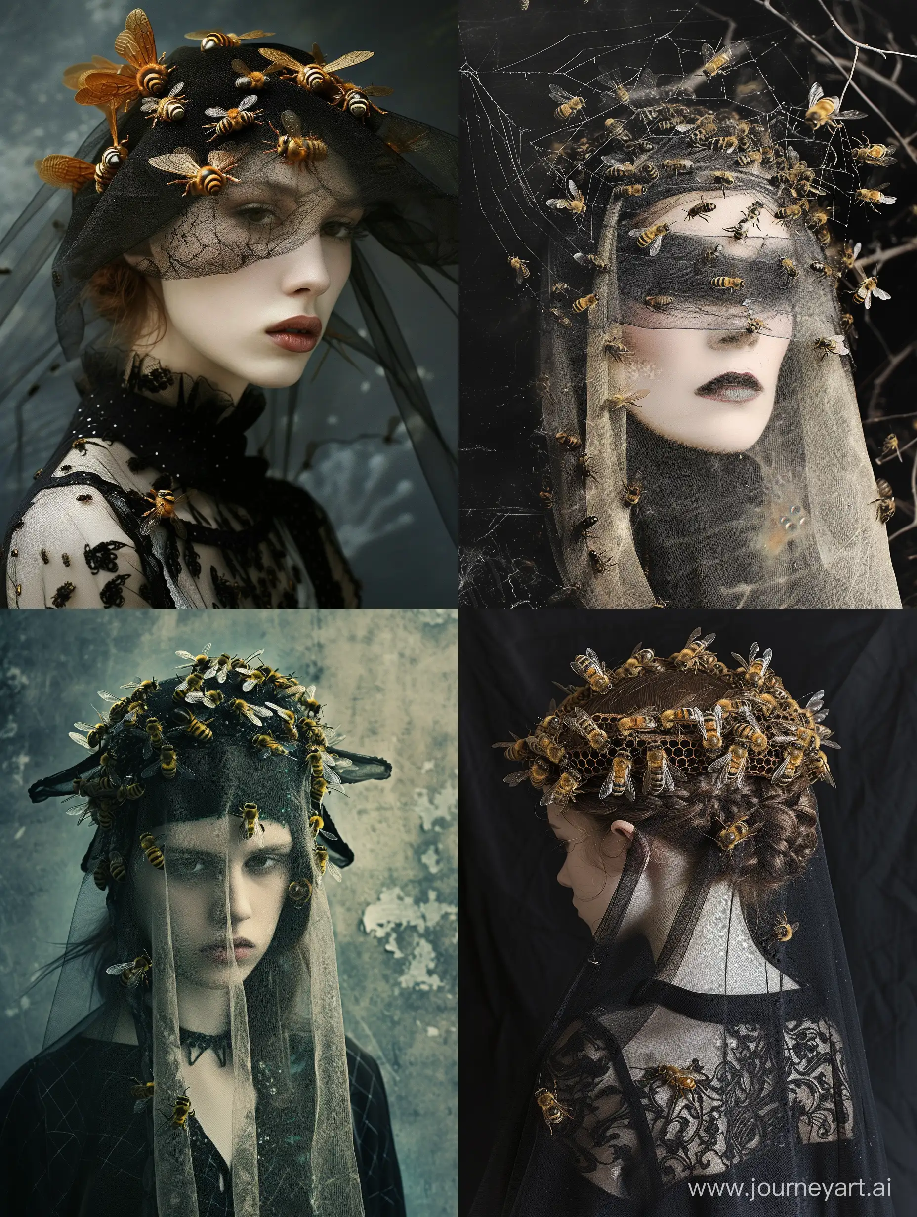 a woman wearing a veil with bees on it, an album cover by Christian W. Staudinger, behance contest winner, gothic art, demonic photograph, made of insects, macabre