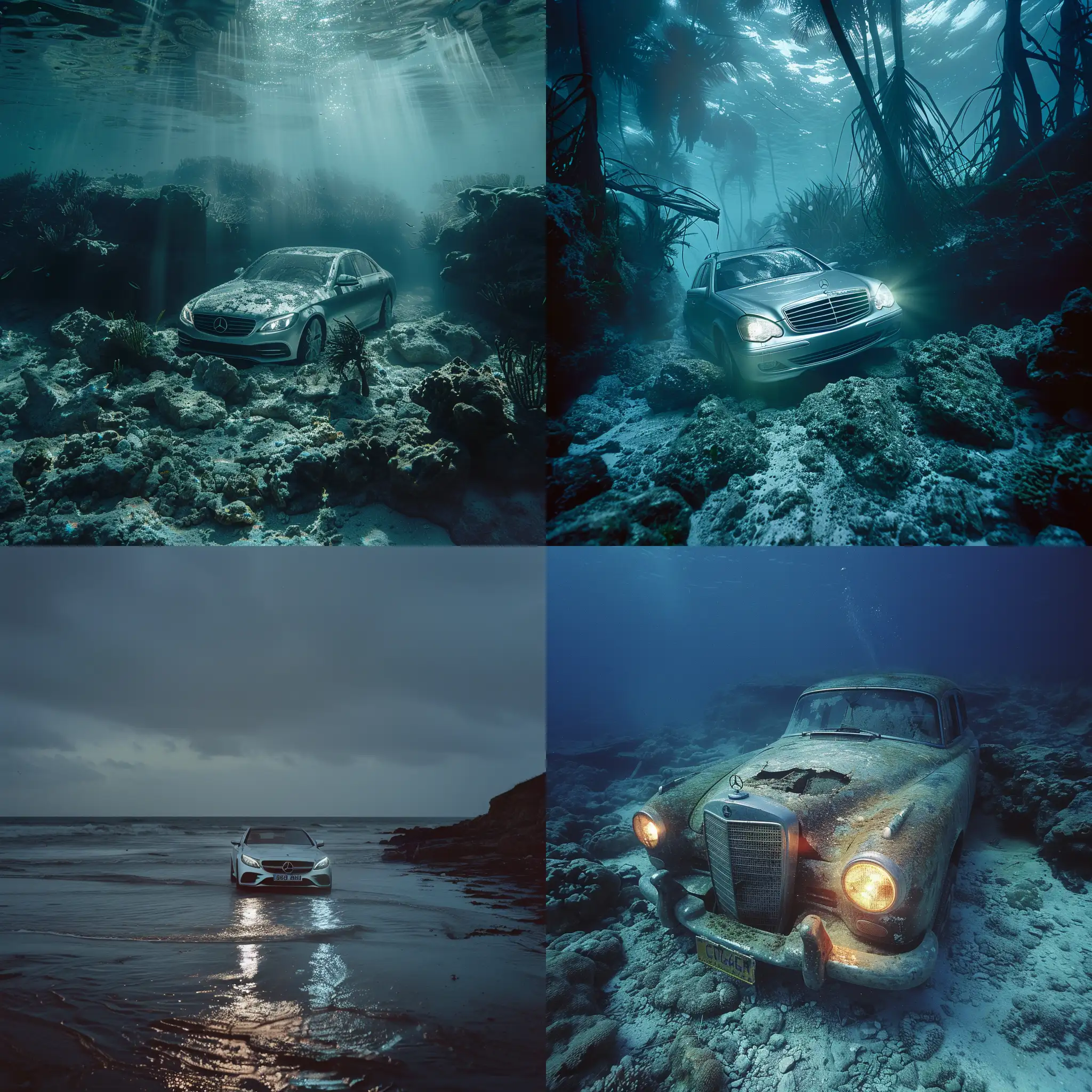 image of a new car Mercedes Benz C43, exploring the Caribbean seabed, lights on, fish around, intricate details, best resolution, 36k, underwater photography, summer gentle light, cinematic style, shot with Kodak Portra 160::2; in the style of Peter Lindbergh:: 2 --style raw