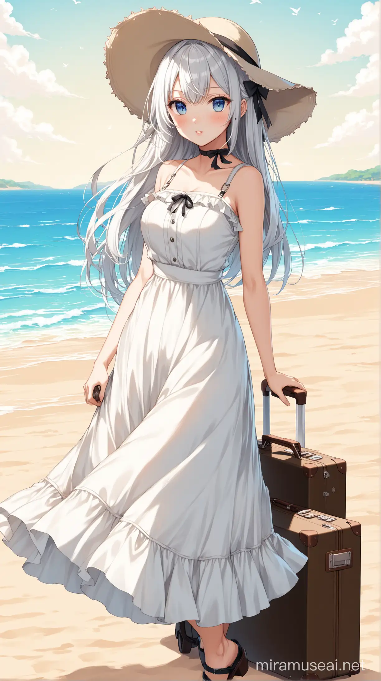 Elegant Kei Shirogane in White Sundress with Beach Hat and Vintage Suitcase