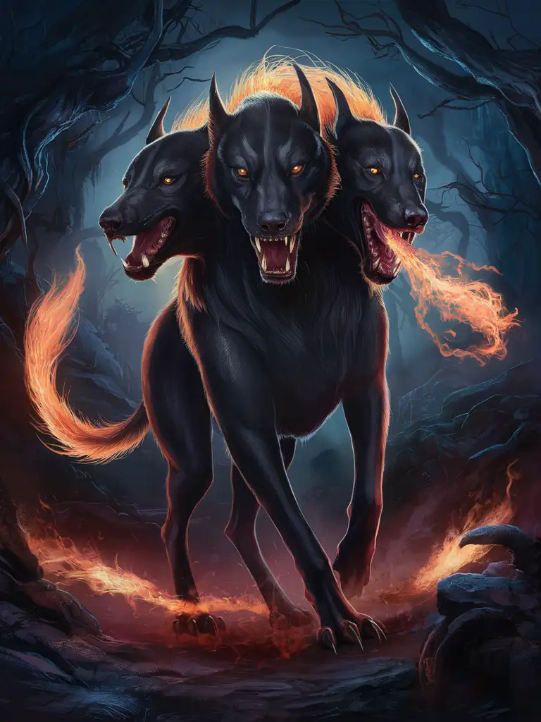 Fantasy Black Infernal Hound with Three Heads and Fiery Tail