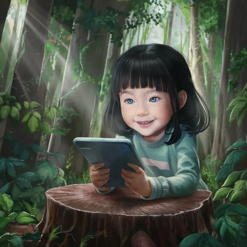 Young Girl with Black Hair and Blue Eyes Smiling at Screen in a Forest ...