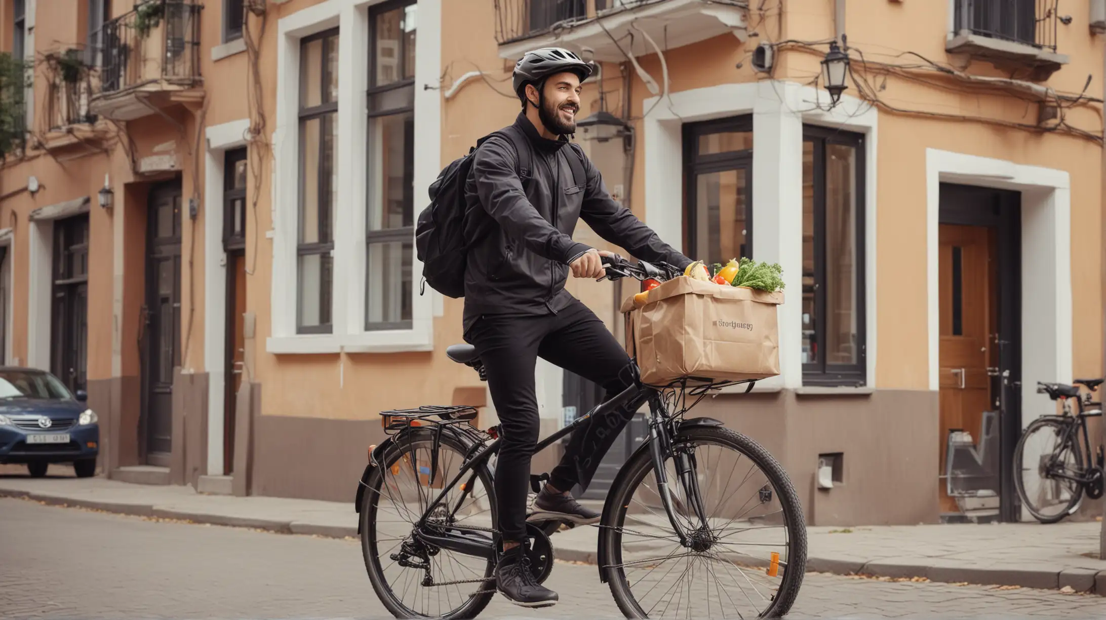 Food delivery service, Rider with bicycle delivering food in modern town