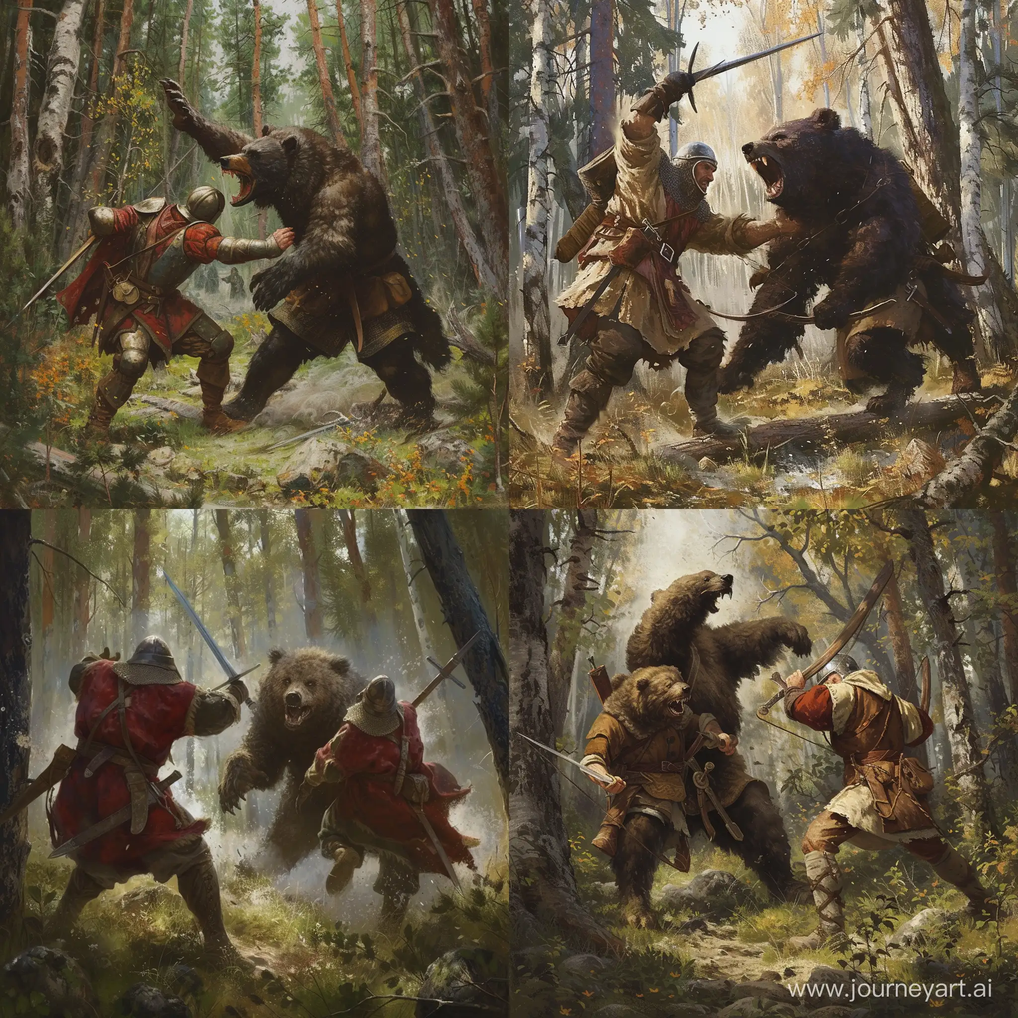 Два средневековых русских охотника бьются в лесу с медведем-оборотнем.