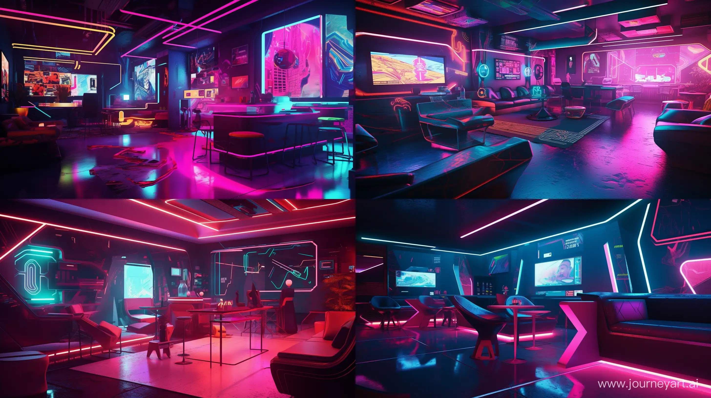 /imagine prompt: A sleek, futuristic interior with "RapiDwm" displayed prominently in neon colors. The dark background is adorned with glowing neon lights, casting a vibrant and colorful glow across the space. The image is rendered with a cyberpunk aesthetic, featuring bold outlines and exaggerated forms that capture the dynamic energy of the scene. The mood is one of modernity and innovation, with the neon colors adding a sense of excitement and cutting-edge style to the overall ambiance. --ar 16:9 --v 5 --q 2