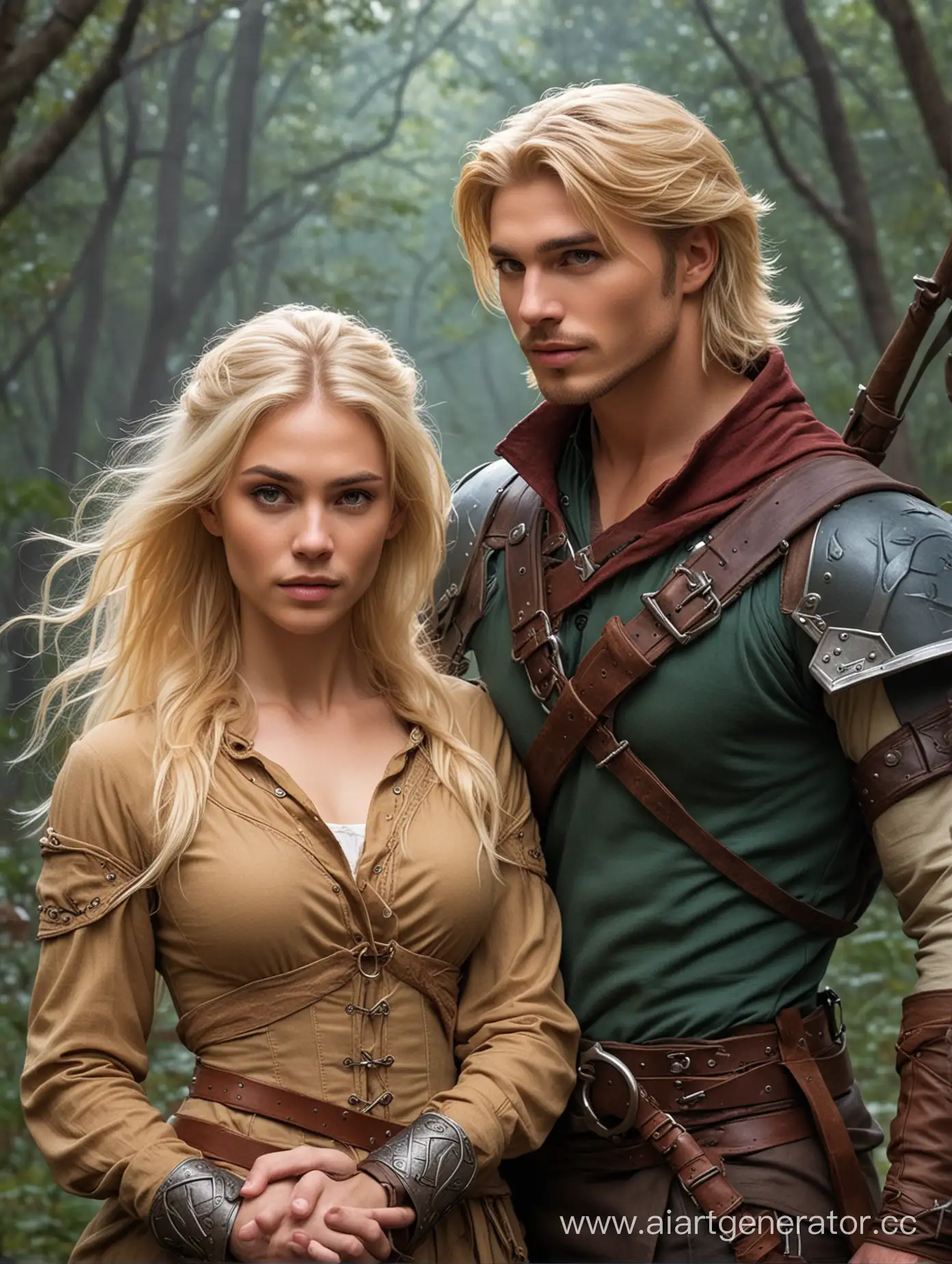 A romantic fantasy couple between a very strong female mage and a blond male ranger