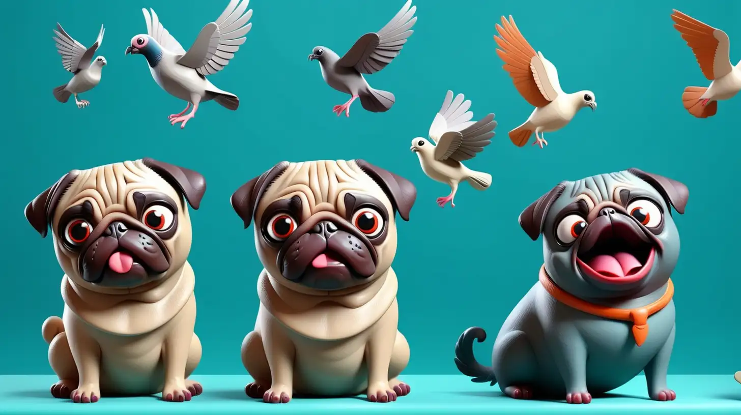 Whimsical 3D Animal Trio Playful Pug Adorable Cat and Charming Pigeon on Turquoise Background for Mobile App Delight