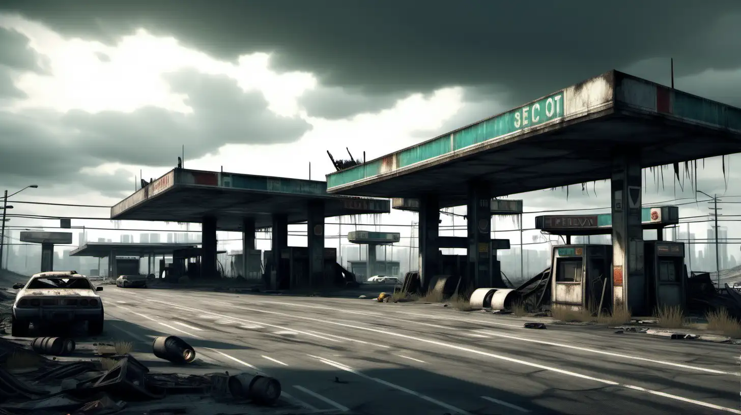 freeway highway service station area, post-apocalyptic sci-fi