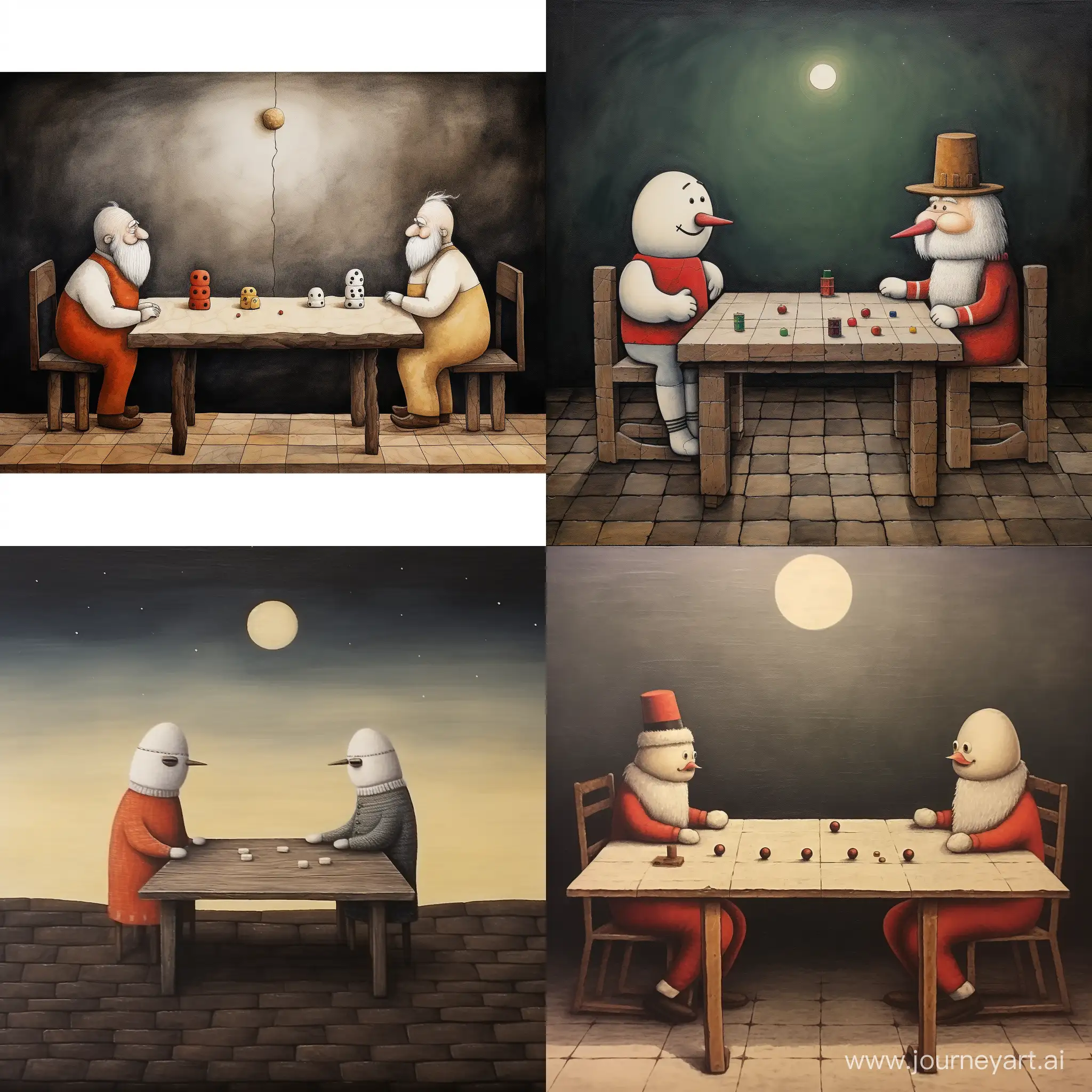 Santa Claus and the snowman are sitting opposite each other at the table. There is a flat square board on the table, 19 vertical and 19 horizontal lines are drawn on the board, round stones are located on the board