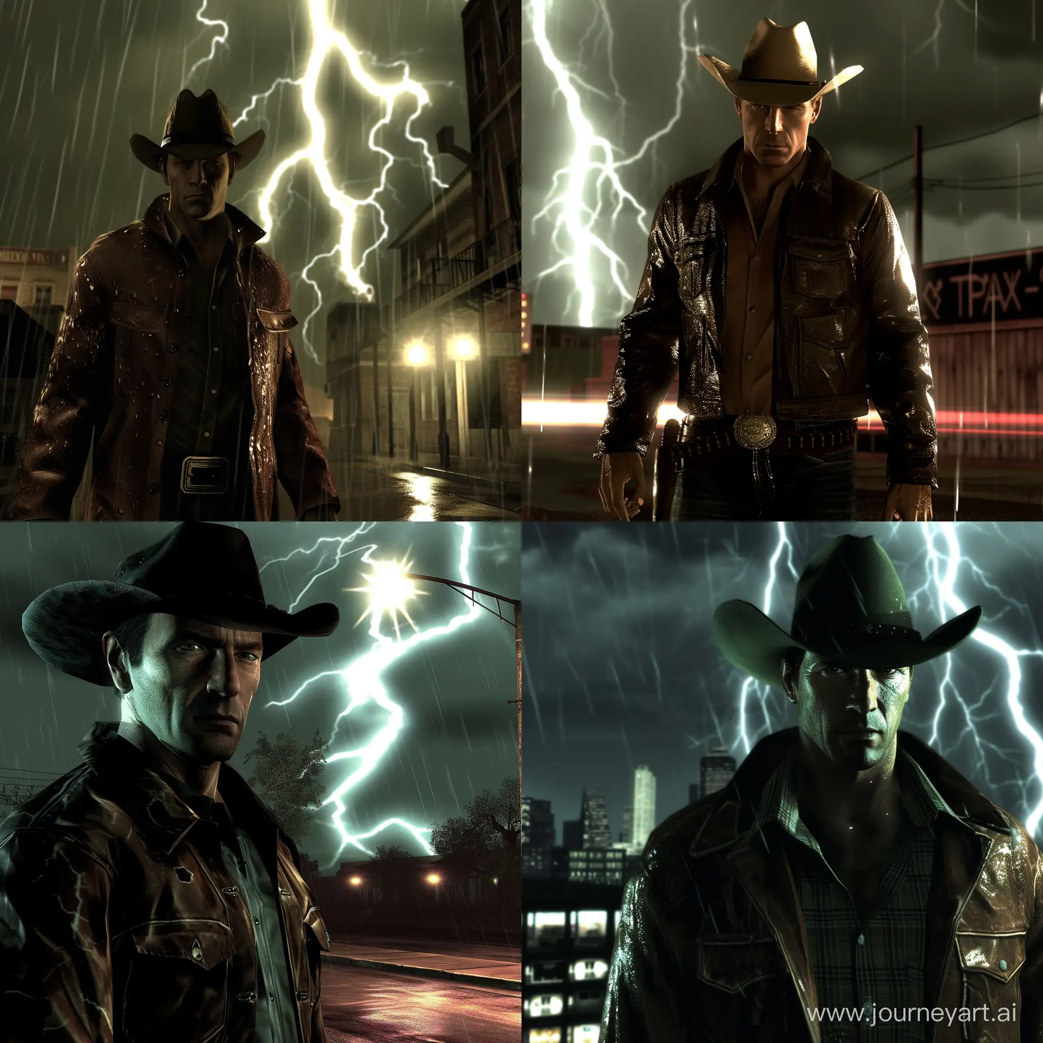 Max payne in Texas with cowboy hat, ps2 screenshot, detailed, dramatic lightning, hd