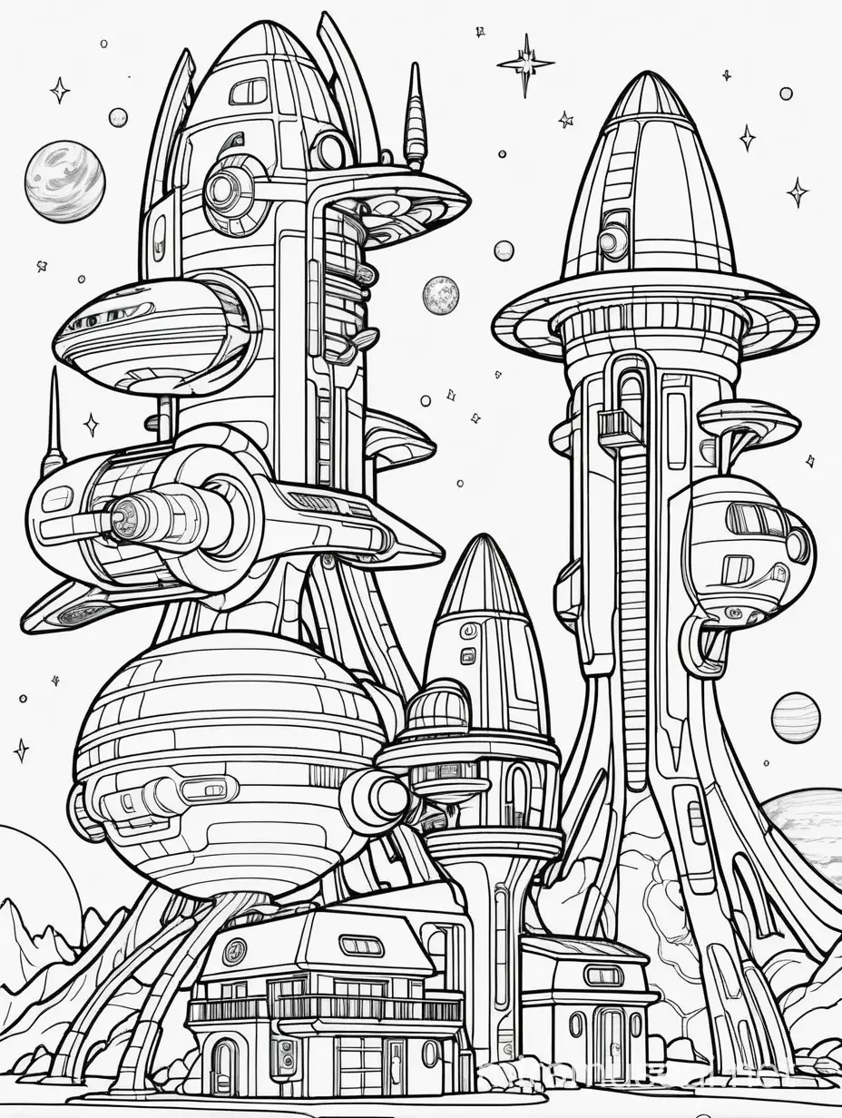 Futuristic SpaceThemed Townhouses Coloring Page for Adults