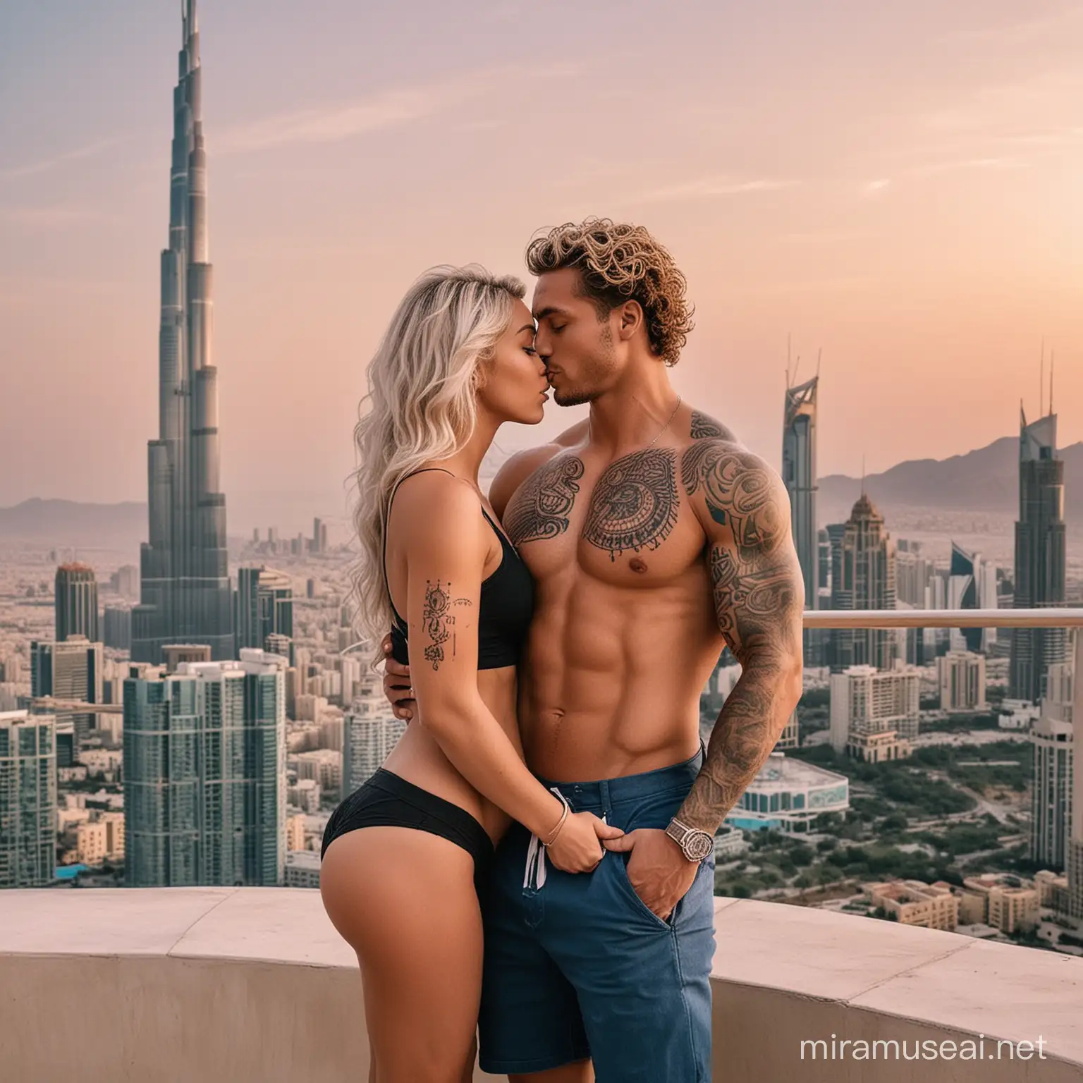 Muscular Football Player and Pregnant Princess Kissing by Luxury Villa with Skyscraper View