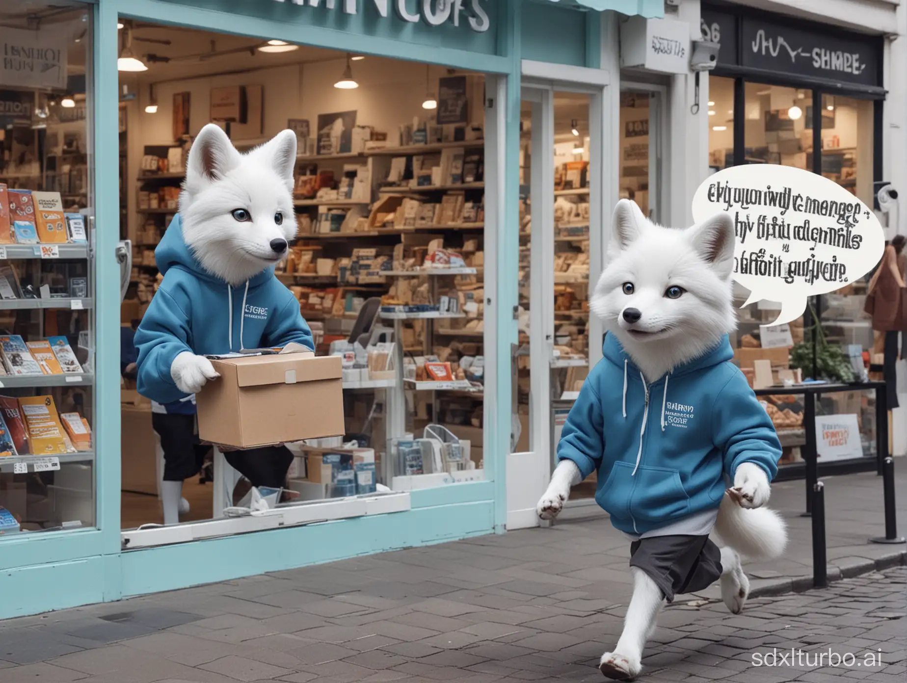 A white fox has just stolen a laptop from a store and is running away with it. There is panic on his face because the fishmonger is chasing him. The laptop appears to be silver colored, medium sized. At the bottom of the image there is a quote typed in bold stylized cartoon text with a white border, "INFINITY BOOST". In the background, a vendor is yelling at a white fox dressed in a blue hoodie. Next to the store clerk is a speech bubble labeled "Hey!!!". The setting is an open door with computer counters and people walking by, typography, photo