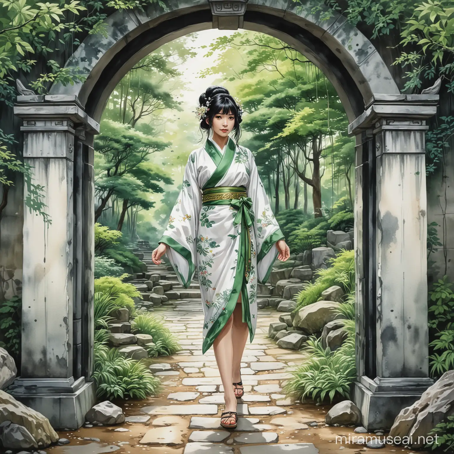 Japanese Shrine Maiden Walking Through Green Magic Portal
