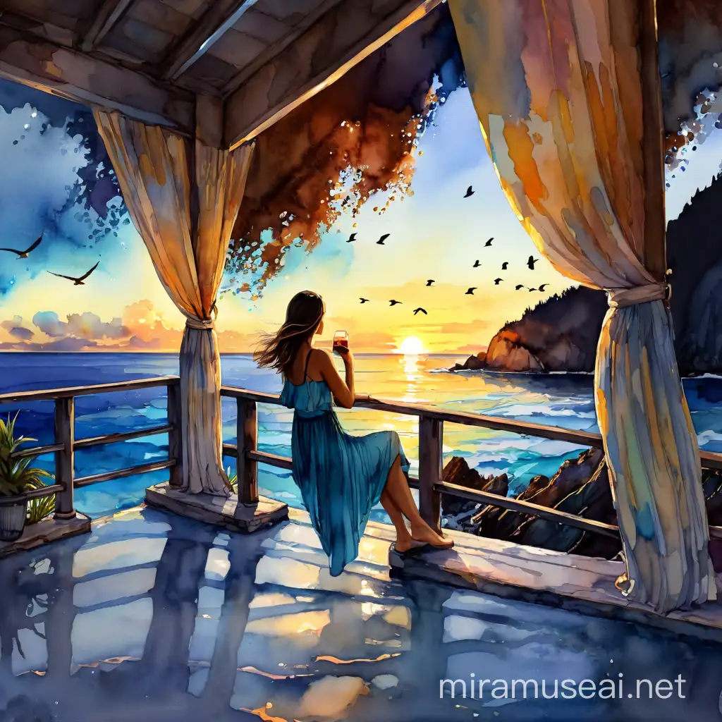 Tranquil Woman Admiring Sunset Seascape with Birds and Island in Alcohol Ink Art