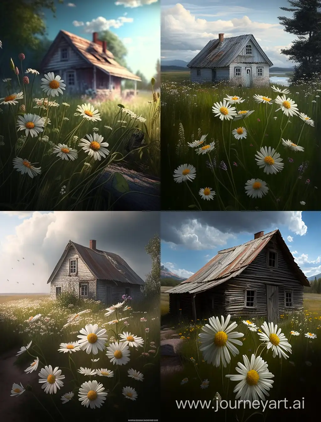 Charming-Summer-Scene-Blooming-Daisies-Surrounding-a-Quaint-Little-House