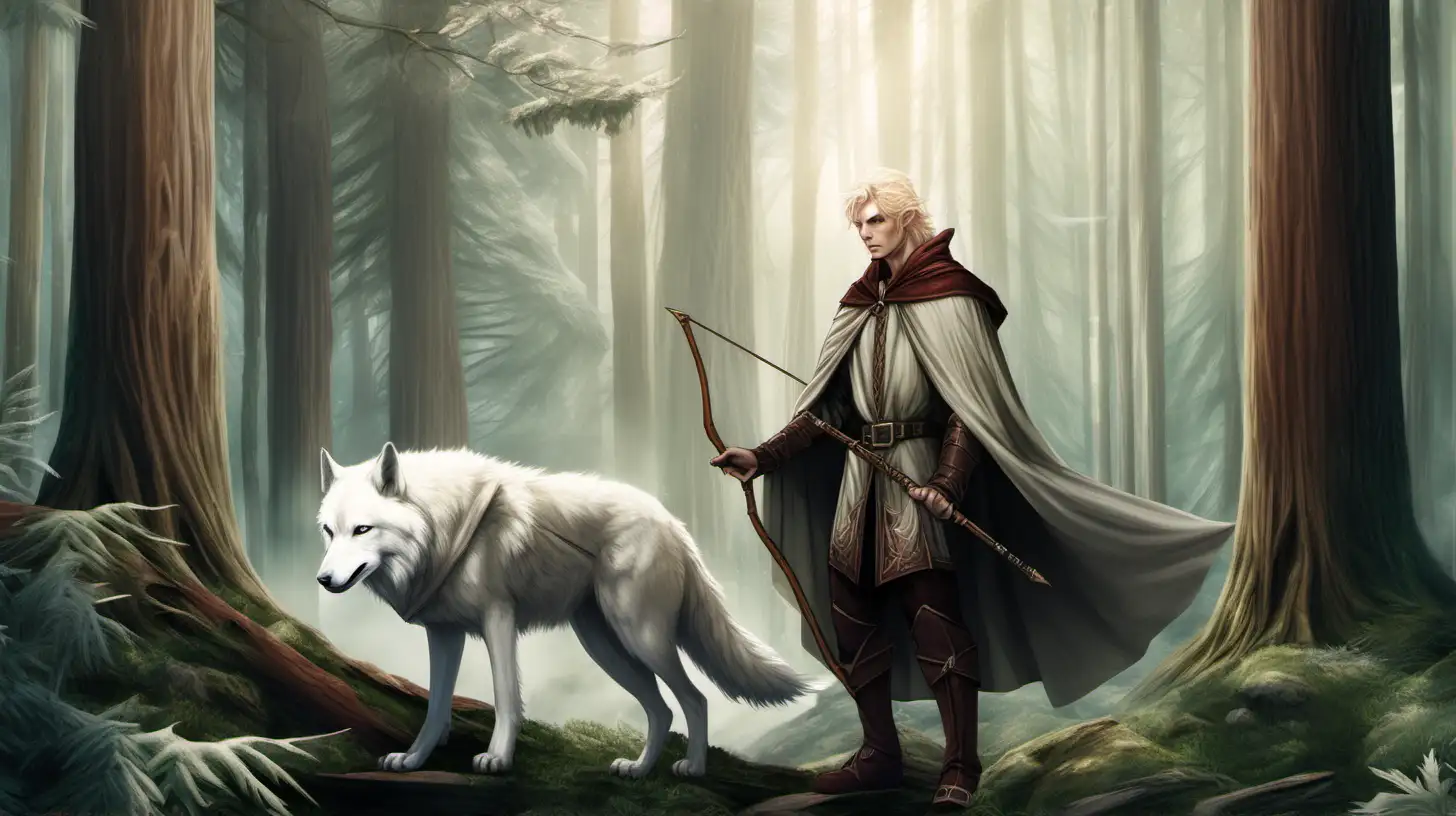 Large redwood forest. Blond haired male elf with a cloak is standing holding a wooden bow. Beside him a large white wolf. There is only 1 wolf.