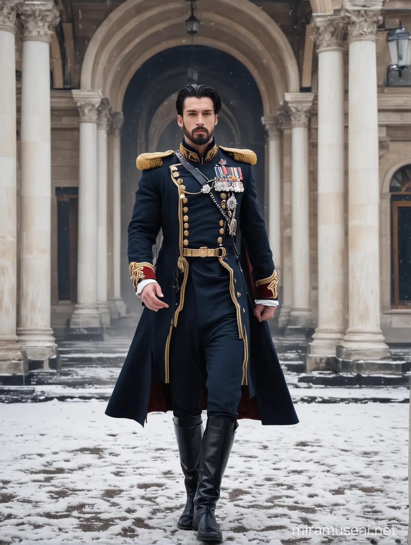 Regal King in Navy Cavalry Suit Exiting Snowy Palace