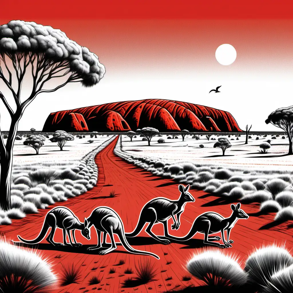 Detailed Black and White Australian Landscape with Red Uluru and Kangaroos