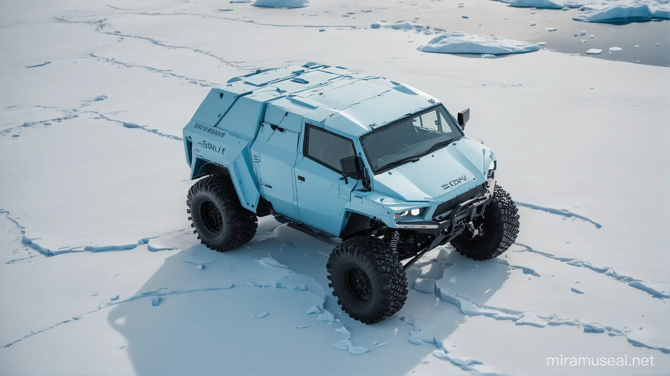 A very unusual-looking Cybertruck of the future parked on a glacier in Antarctica, its ice-blue finish blending with the frozen landscape, photographed from a top angle to showcase its resilience in extreme environments. Realistic, shot on a Sony DSLR, 250mm lens f/2.8, ultra detailed.