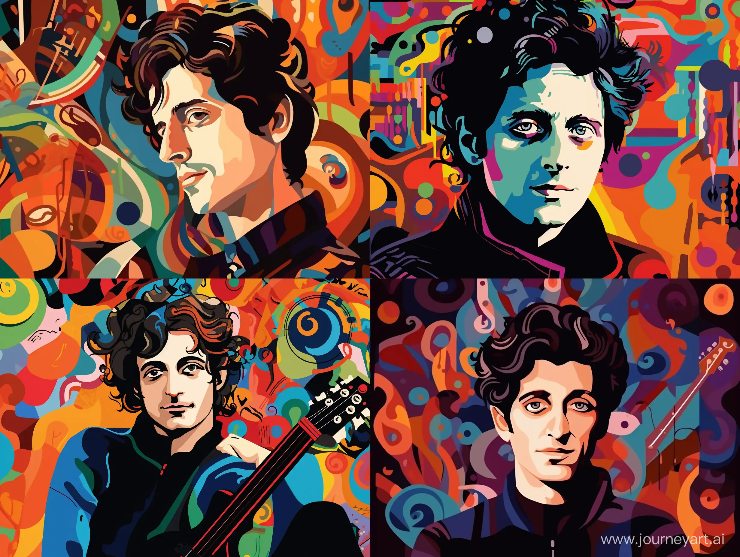 Portrait of Joe Dassin, young, looking straight at the background of musical symbols, complex colors, cartoon style, caricature, pop art style