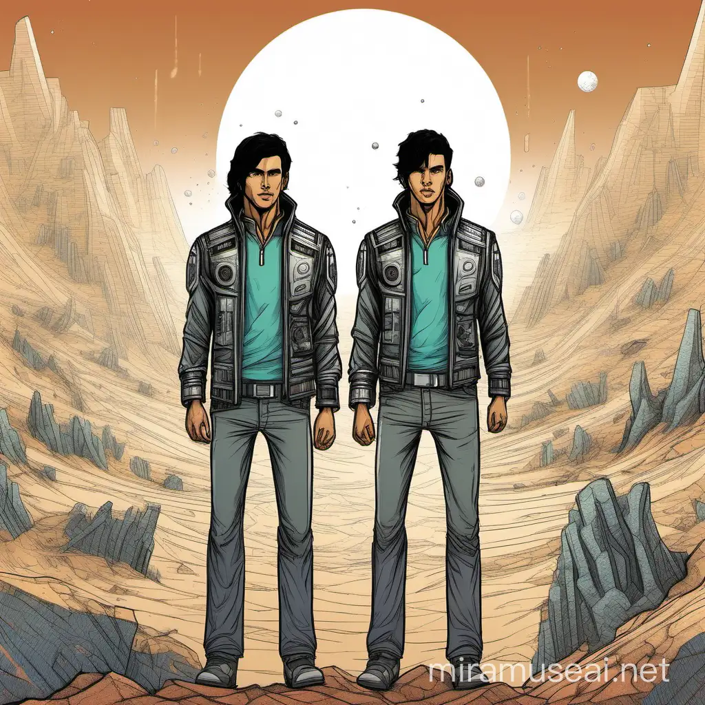 gemelos, latinoamericanos, hombres jóvenes, de unos treinta años,  pelo lacio y negro, estilo dibujo coloreado de una novela de ciencia ficción