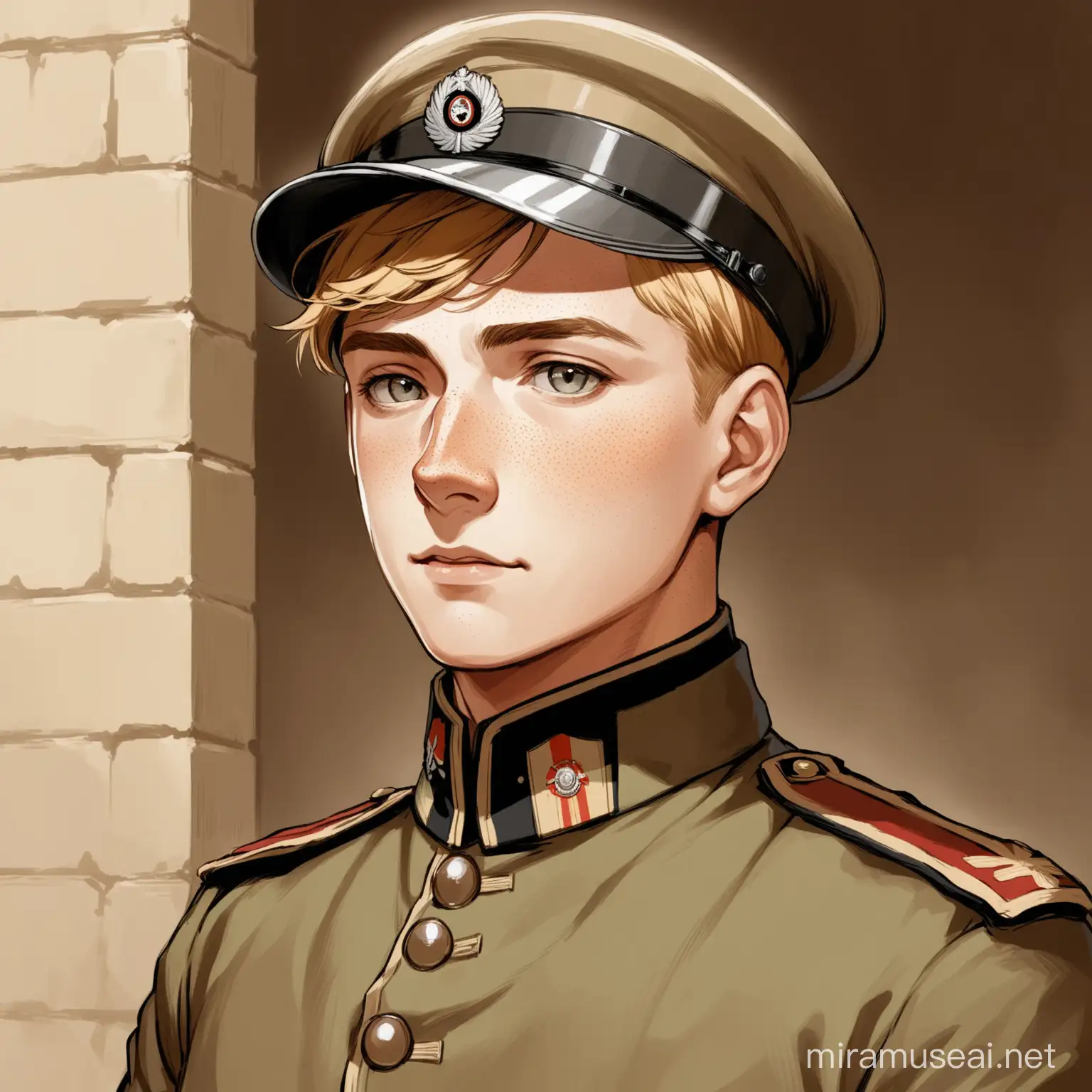 A handsome German Empire Corporal soldier in WW1 semi-realism art-style male in almost semi-anime-like, early twenties, with typical 1910s uniform clothes of a German Empire soldier, gray eyes, short-cropped, sandy blond hair, kept neatly trimmed, barely noticeable scars on face with freckles. Standing, half body view, at a trench in spring 1910s France.
