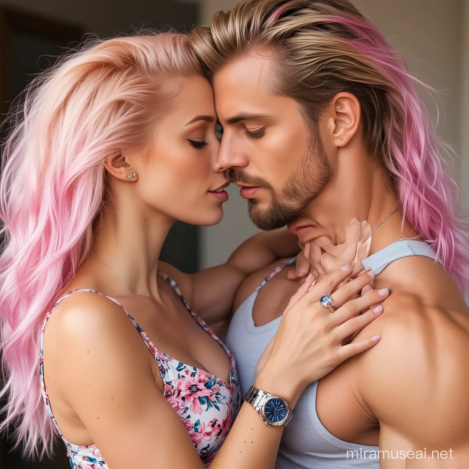 Create an attractive girl with her husband, the girl has blonde and pink hair, blue eyes, the man is a muscular man with blue eyes and blond hair,The woman is in a sexy dress and her husband is next to her, hugging her, the man should be wearing an ,expensive watch, and the woman should be holding an iPhone 16 pro max, The woman and the man are kissing, there should be only one woman and one man