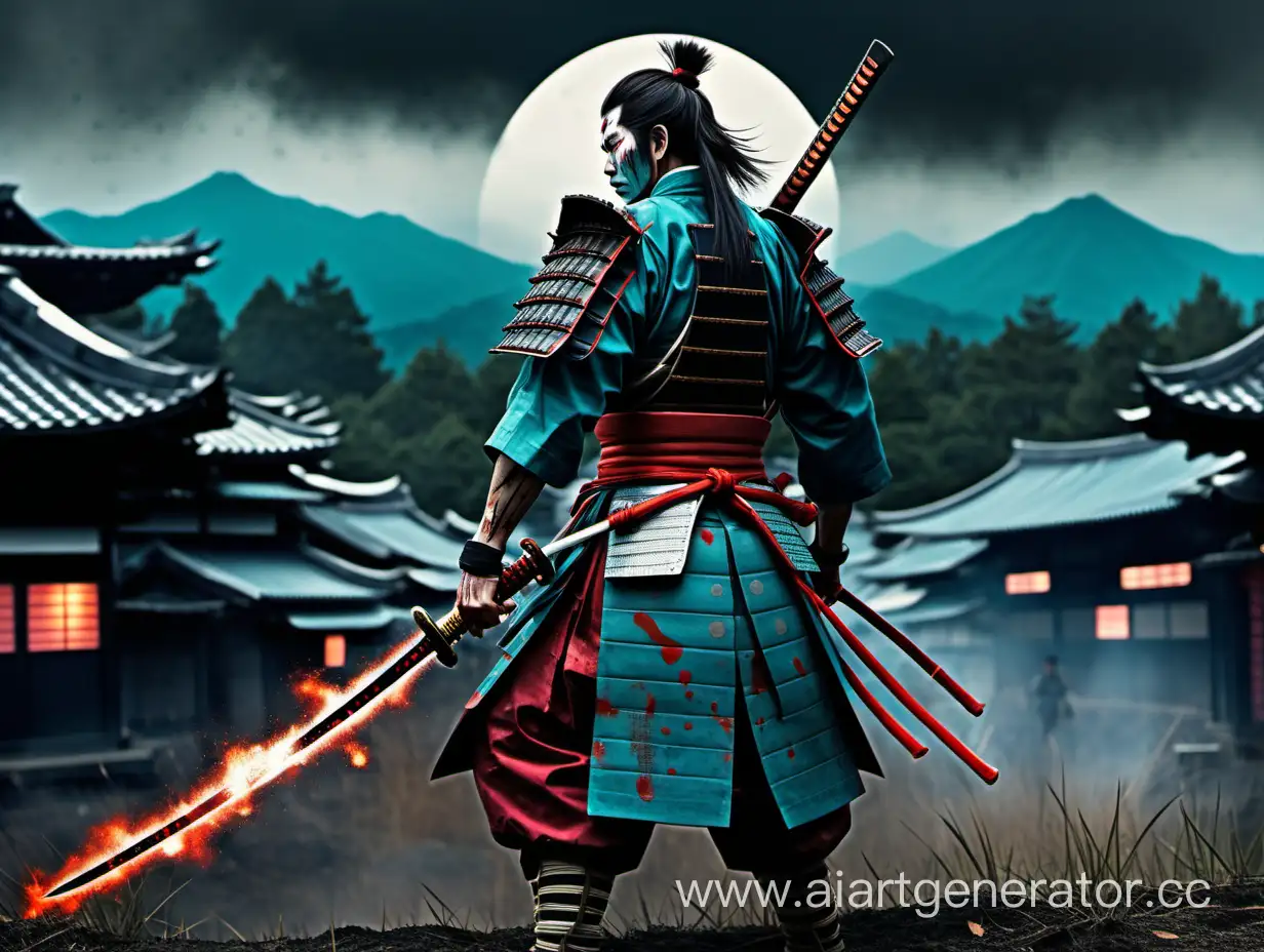 Edo-Period-Samurai-in-Turquoise-Armor-Amidst-Battle