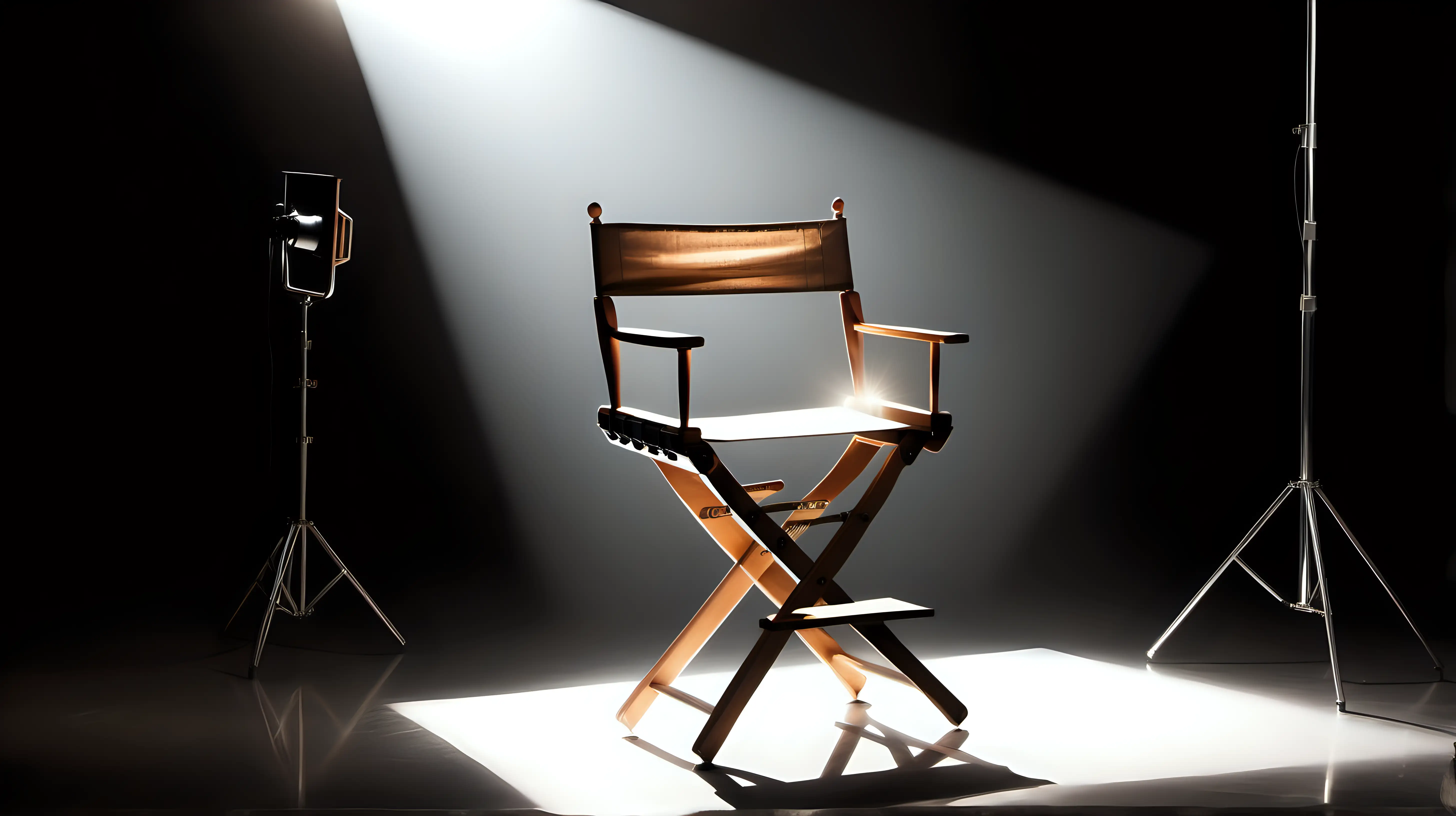 The director's chair stands in a beam of light in studio, casting call