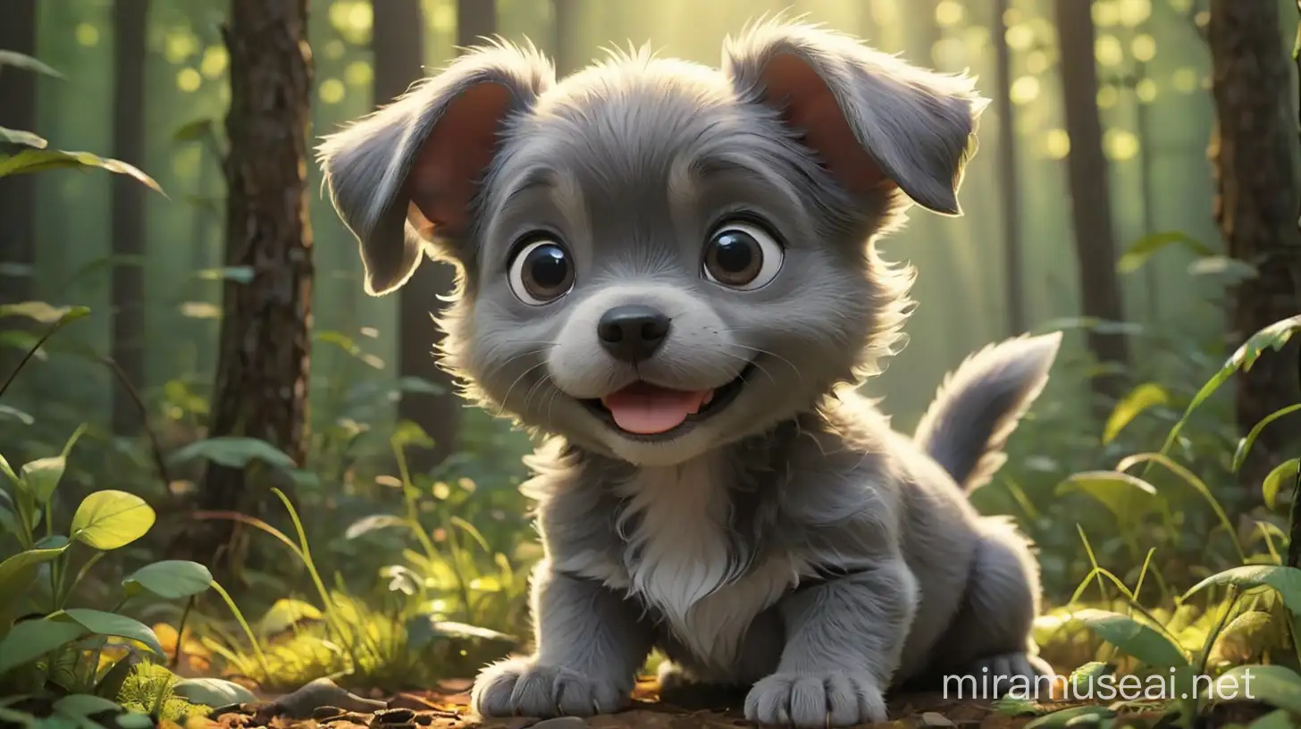 Adorable Cartoon Gray Puppy in Forest Morning Sunlight