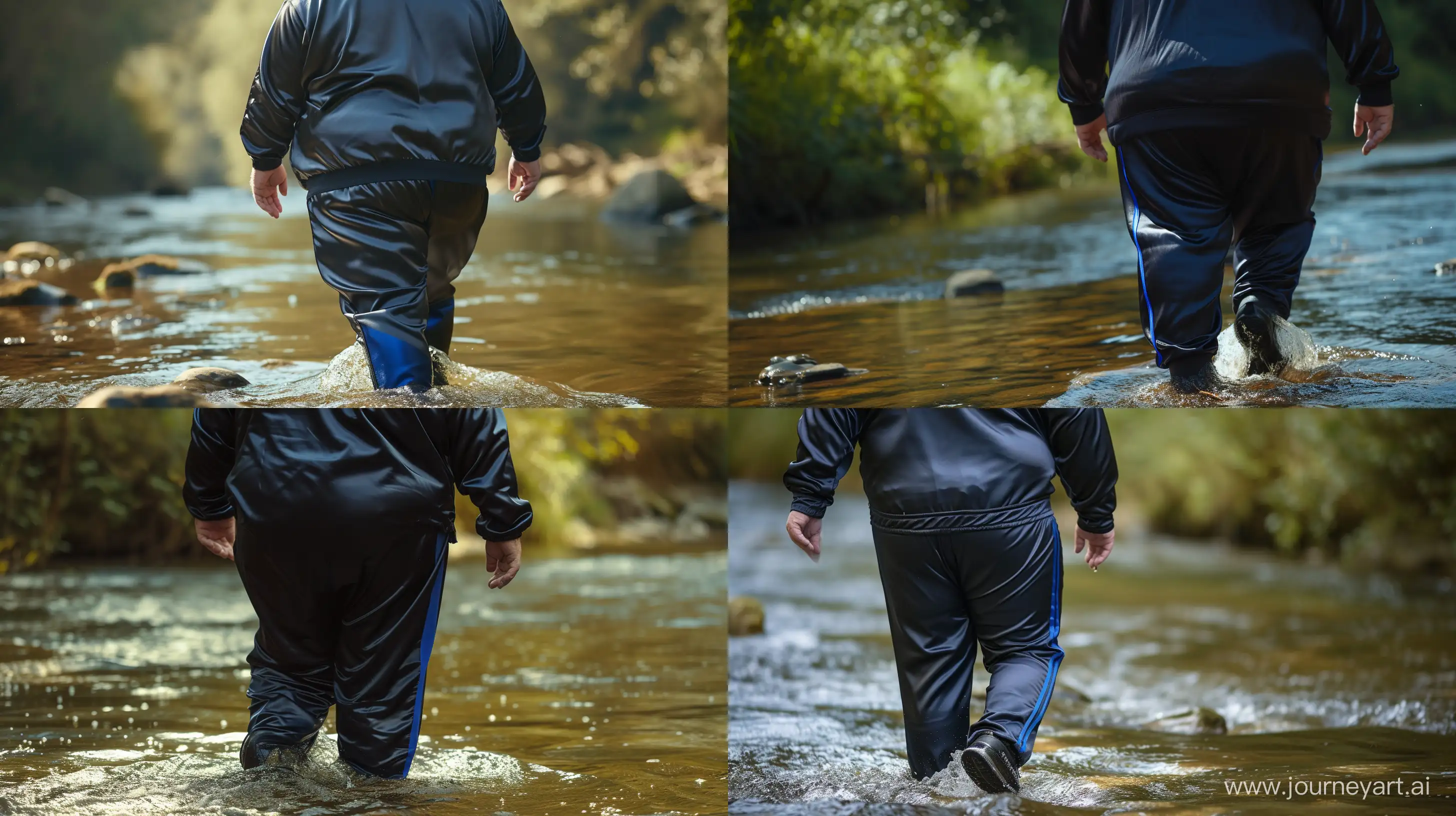 Back view close-up photo of a fat man aged 60 wearing a silk navy tracksuit with royal blue stripe on the leg walking in a river. Studio Lighting. --style raw --ar 16:9