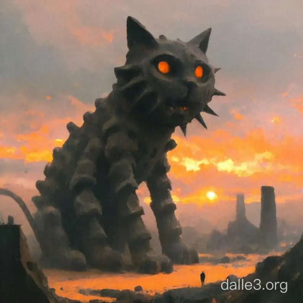beksinski 地獄の猫マッドマックス　巨大な猫のオブジェ　廃墟に立つ　夕日　ベクシンスキー　油彩画
