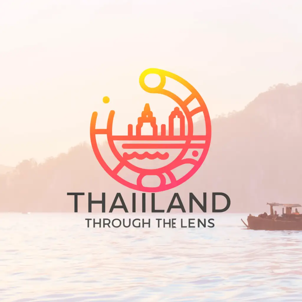 a logo design,with the text "Thailand through the lens", main symbol:Make a simple and youthful and beautiful logo in delicate tones for the Thailand through the lens tour. Write the name of the tour "Thailand through the lens" on the picture, depicted the sea and the beach, people on boats, islands, camera. The picture is filled with the sun,Minimalistic,be used in Travel industry,clear background