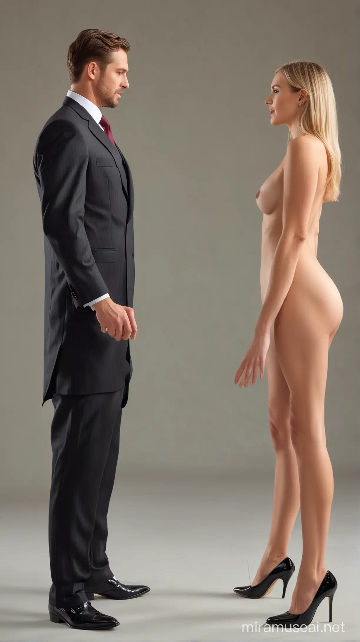 a man in a suit talking to a naked woman in high heels