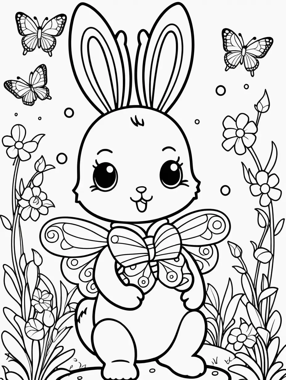 Adorable Kawaii Bunny Coloring Page with Butterflies and Bees